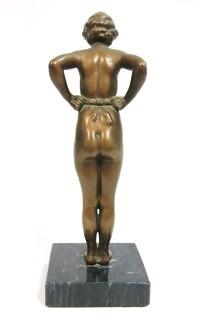 Vintage Art Deco Female Bronze Statue on Marble Base. Measures approximately 9" tall.
