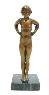 Vintage Art Deco Female Bronze Statue on Marble Base. Measures approximately 9" tall.
