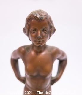 Vintage Art Deco Female Bronze Statue on Marble Base. Measures approximately 9" tall.
