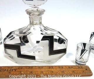 1930's Karl Palda Bohemian Czech Art Deco Cut Glass Liquor Decanter with Black Decoration and 6 Glasses. <br> <br> Many of the Karl Palda Bohemian Art Deco cut glass pieces in this auction were featured in the book “Collectible Bohemian Glass (1915 – 1945) Volume II” by Robert & Deborah Truitt.