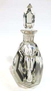 1930's Karl Palda Bohemian Czech Art Deco Cut Glass Liquor Decanter with Black Decoration and 6 Glasses. <br> <br> Many of the Karl Palda Bohemian Art Deco cut glass pieces in this auction were featured in the book “Collectible Bohemian Glass (1915 – 1945) Volume II” by Robert & Deborah Truitt.