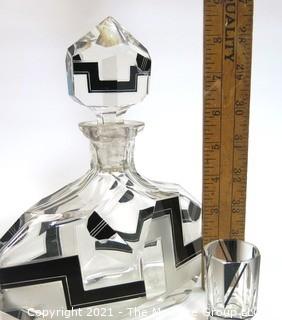 1930's Karl Palda Bohemian Czech Art Deco Cut Glass Liquor Decanter with Black Decoration and 6 Glasses. <br> <br> Many of the Karl Palda Bohemian Art Deco cut glass pieces in this auction were featured in the book “Collectible Bohemian Glass (1915 – 1945) Volume II” by Robert & Deborah Truitt.