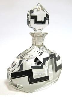 1930's Karl Palda Bohemian Czech Art Deco Cut Glass Liquor Decanter with Black Decoration and 6 Glasses. <br> <br> Many of the Karl Palda Bohemian Art Deco cut glass pieces in this auction were featured in the book “Collectible Bohemian Glass (1915 – 1945) Volume II” by Robert & Deborah Truitt.