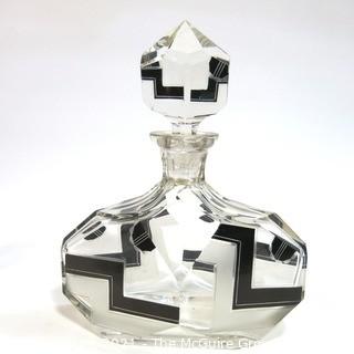 1930's Karl Palda Bohemian Czech Art Deco Cut Glass Liquor Decanter with Black Decoration and 6 Glasses. <br> <br> Many of the Karl Palda Bohemian Art Deco cut glass pieces in this auction were featured in the book “Collectible Bohemian Glass (1915 – 1945) Volume II” by Robert & Deborah Truitt.