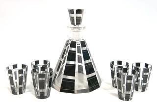 Karl Palda Bohemian Czech Art Deco Cut Glass Liquor Decanter with Black Decoration and 6 Glasses  <br> <br> Many of the Karl Palda Bohemian Art Deco cut glass pieces in this auction were featured in the book “Collectible Bohemian Glass (1915 – 1945) Volume II” by Robert & Deborah Truitt.