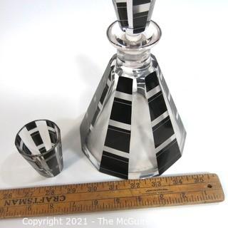 Karl Palda Bohemian Czech Art Deco Cut Glass Liquor Decanter with Black Decoration and 6 Glasses  <br> <br> Many of the Karl Palda Bohemian Art Deco cut glass pieces in this auction were featured in the book “Collectible Bohemian Glass (1915 – 1945) Volume II” by Robert & Deborah Truitt.