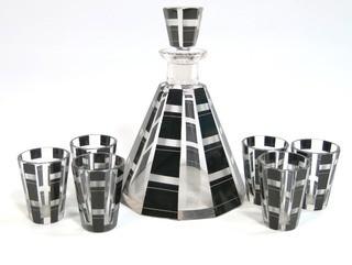 Karl Palda Bohemian Czech Art Deco Cut Glass Liquor Decanter with Black Decoration and 6 Glasses  <br> <br> Many of the Karl Palda Bohemian Art Deco cut glass pieces in this auction were featured in the book “Collectible Bohemian Glass (1915 – 1945) Volume II” by Robert & Deborah Truitt.