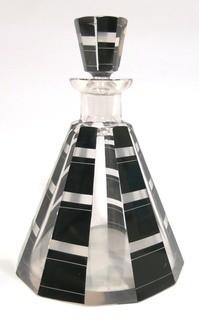 Karl Palda Bohemian Czech Art Deco Cut Glass Liquor Decanter with Black Decoration and 6 Glasses  <br> <br> Many of the Karl Palda Bohemian Art Deco cut glass pieces in this auction were featured in the book “Collectible Bohemian Glass (1915 – 1945) Volume II” by Robert & Deborah Truitt.