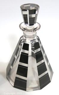 Karl Palda Bohemian Czech Art Deco Cut Glass Liquor Decanter with Black Decoration and 6 Glasses  <br> <br> Many of the Karl Palda Bohemian Art Deco cut glass pieces in this auction were featured in the book “Collectible Bohemian Glass (1915 – 1945) Volume II” by Robert & Deborah Truitt.