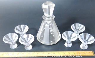 Palda Bohemian Czech Art Deco Clear Cut Glass Liquor Decanter & 6 Glasses. <br> <br> Many of the Karl Palda Bohemian Art Deco cut glass pieces in this auction were featured in the book “Collectible Bohemian Glass (1915 – 1945) Volume II” by Robert & Deborah Truitt.