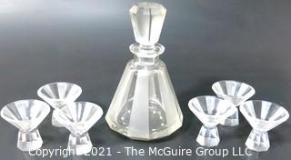 Palda Bohemian Czech Art Deco Clear Cut Glass Liquor Decanter & 6 Glasses. <br> <br> Many of the Karl Palda Bohemian Art Deco cut glass pieces in this auction were featured in the book “Collectible Bohemian Glass (1915 – 1945) Volume II” by Robert & Deborah Truitt.