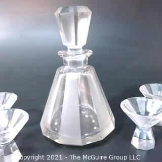 Palda Bohemian Czech Art Deco Clear Cut Glass Liquor Decanter & 6 Glasses. <br> <br> Many of the Karl Palda Bohemian Art Deco cut glass pieces in this auction were featured in the book “Collectible Bohemian Glass (1915 – 1945) Volume II” by Robert & Deborah Truitt.