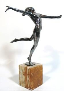 Vintage Art Deco Nude Dancer on Marble Base Signed by Artist.  Measures approximately 15" tall.