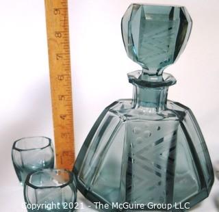 Palda Bohemian Czech Art Deco Clear Frosted Cut Glass Liquor Decanter & 6 Glasses <br> <br> Many of the Karl Palda Bohemian Art Deco cut glass pieces in this auction were featured in the book “Collectible Bohemian Glass (1915 – 1945) Volume II” by Robert & Deborah Truitt.