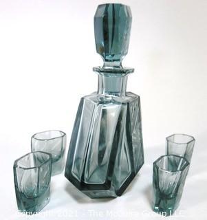 Palda Bohemian Czech Art Deco Clear Frosted Cut Glass Liquor Decanter & 6 Glasses <br> <br> Many of the Karl Palda Bohemian Art Deco cut glass pieces in this auction were featured in the book “Collectible Bohemian Glass (1915 – 1945) Volume II” by Robert & Deborah Truitt.