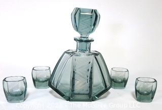 Palda Bohemian Czech Art Deco Clear Frosted Cut Glass Liquor Decanter & 6 Glasses <br> <br> Many of the Karl Palda Bohemian Art Deco cut glass pieces in this auction were featured in the book “Collectible Bohemian Glass (1915 – 1945) Volume II” by Robert & Deborah Truitt.