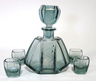 Palda Bohemian Czech Art Deco Clear Frosted Cut Glass Liquor Decanter & 6 Glasses <br> <br> Many of the Karl Palda Bohemian Art Deco cut glass pieces in this auction were featured in the book “Collectible Bohemian Glass (1915 – 1945) Volume II” by Robert & Deborah Truitt.