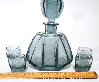 Palda Bohemian Czech Art Deco Clear Frosted Cut Glass Liquor Decanter & 6 Glasses <br> <br> Many of the Karl Palda Bohemian Art Deco cut glass pieces in this auction were featured in the book “Collectible Bohemian Glass (1915 – 1945) Volume II” by Robert & Deborah Truitt.