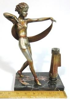 Art Deco Table Top Statue of Dancer on Marble Base with Cigarette Lighter, missing flint.  Measures approximately 10" tall.  