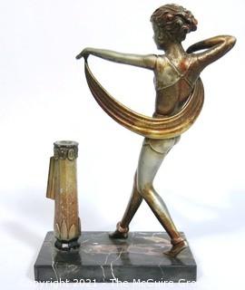 Art Deco Table Top Statue of Dancer on Marble Base with Cigarette Lighter, missing flint.  Measures approximately 10" tall.  