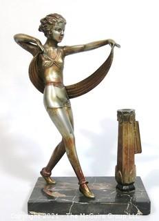 Art Deco Table Top Statue of Dancer on Marble Base with Cigarette Lighter, missing flint.  Measures approximately 10" tall.  