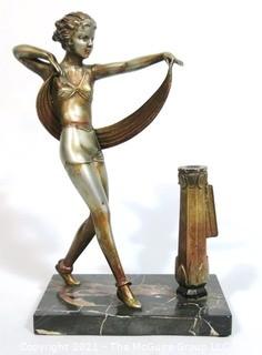 Art Deco Table Top Statue of Dancer on Marble Base with Cigarette Lighter, missing flint.  Measures approximately 10" tall.  