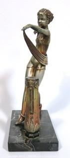 Art Deco Table Top Statue of Dancer on Marble Base with Cigarette Lighter, missing flint.  Measures approximately 10" tall.  