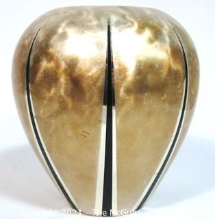 Art Deco German WMF Ikora Bauhaus Metal Vase with Black Enamel Inlaid Stripes.  Measures approximately 8" tall.
