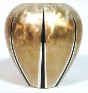 Art Deco German WMF Ikora Bauhaus Metal Vase with Black Enamel Inlaid Stripes.  Measures approximately 8" tall.
