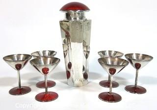 Vintage Sterling Art Deco with Red Enamel Cocktail Martini Set with 6 Coupes.