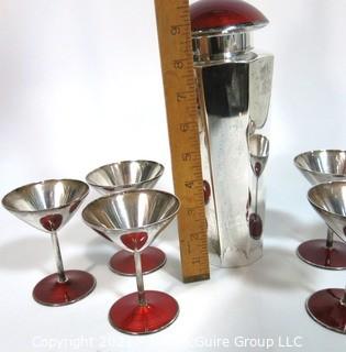 Vintage Sterling Art Deco with Red Enamel Cocktail Martini Set with 6 Coupes.