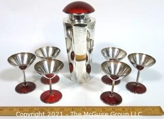 Vintage Sterling Art Deco with Red Enamel Cocktail Martini Set with 6 Coupes.