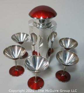 Vintage Sterling Art Deco with Red Enamel Cocktail Martini Set with 6 Coupes.