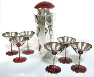 Vintage Sterling Art Deco with Red Enamel Cocktail Martini Set with 6 Coupes.