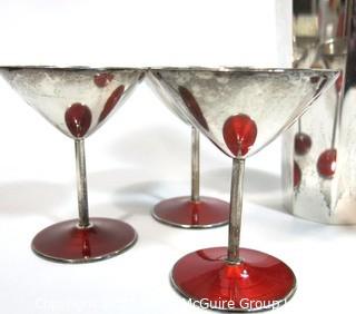 Vintage Sterling Art Deco with Red Enamel Cocktail Martini Set with 6 Coupes.