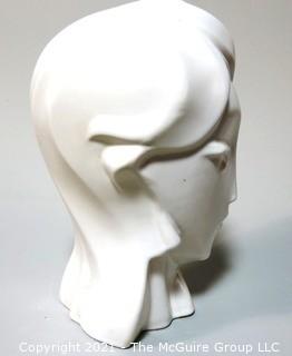 Sleek Art Deco White Ceramic Bust of Female Head. Measures approximately 12" tall.