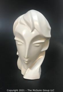 Sleek Art Deco White Ceramic Bust of Female Head. Measures approximately 12" tall.