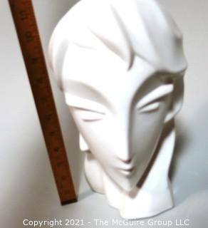 Sleek Art Deco White Ceramic Bust of Female Head. Measures approximately 12" tall.