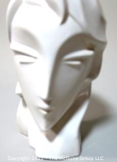 Sleek Art Deco White Ceramic Bust of Female Head. Measures approximately 12" tall.