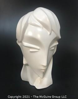 Sleek Art Deco White Ceramic Bust of Female Head. Measures approximately 12" tall.