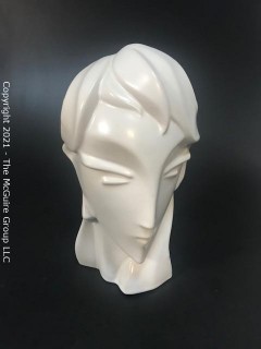 Sleek Art Deco White Ceramic Bust of Female Head. Measures approximately 12" tall.