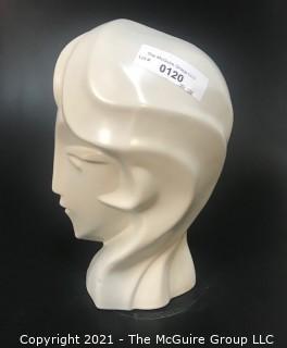 Sleek Art Deco White Ceramic Bust of Female Head. Measures approximately 12" tall.