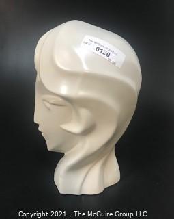 Sleek Art Deco White Ceramic Bust of Female Head. Measures approximately 12" tall.