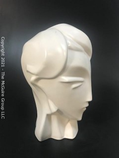 Sleek Art Deco White Ceramic Bust of Female Head. Measures approximately 12" tall.