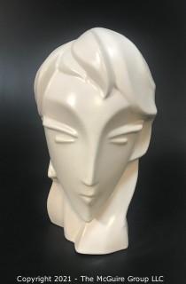 Sleek Art Deco White Ceramic Bust of Female Head. Measures approximately 12" tall.