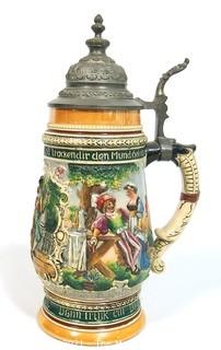 Vintage German Pottery Beer Stein with Pewter Hinged Lid.  Measures approximately 10" tall.