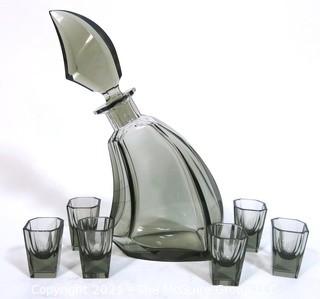 Palda Set of Grey Crystal Liquor Decanter with Six Matching Glasses.  <br> <br> Many of the Karl Palda Bohemian Art Deco cut glass pieces in this auction were featured in the book “Collectible Bohemian Glass (1915 – 1945) Volume II” by Robert & Deborah Truitt.