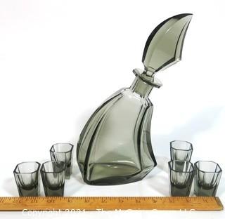 Palda Set of Grey Crystal Liquor Decanter with Six Matching Glasses.  <br> <br> Many of the Karl Palda Bohemian Art Deco cut glass pieces in this auction were featured in the book “Collectible Bohemian Glass (1915 – 1945) Volume II” by Robert & Deborah Truitt.