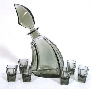 Palda Set of Grey Crystal Liquor Decanter with Six Matching Glasses.  <br> <br> Many of the Karl Palda Bohemian Art Deco cut glass pieces in this auction were featured in the book “Collectible Bohemian Glass (1915 – 1945) Volume II” by Robert & Deborah Truitt.