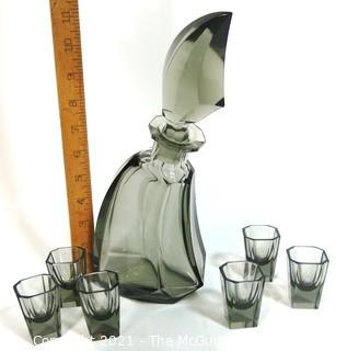 Palda Set of Grey Crystal Liquor Decanter with Six Matching Glasses.  <br> <br> Many of the Karl Palda Bohemian Art Deco cut glass pieces in this auction were featured in the book “Collectible Bohemian Glass (1915 – 1945) Volume II” by Robert & Deborah Truitt.